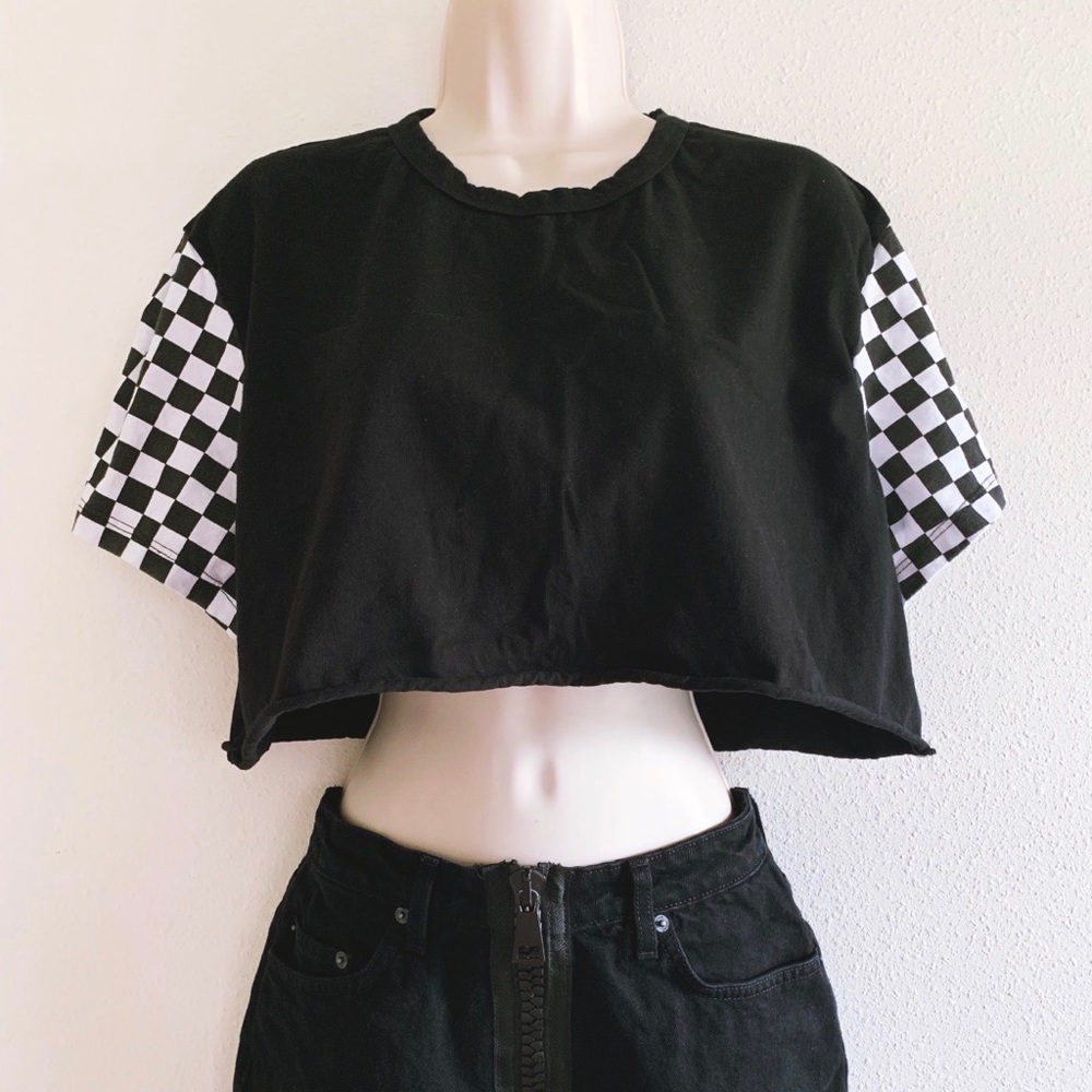 Emma & Sam checkered sleeve crop top t-shirt